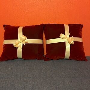 Luxurious Red Velvet Pillows with Cream Ribbons, 1 pair